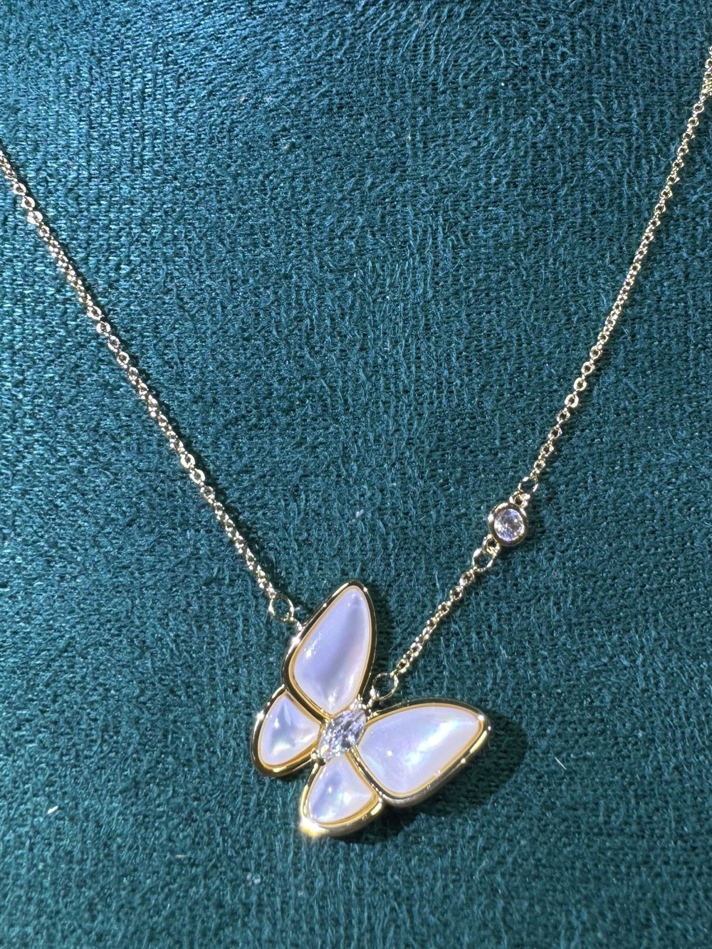 Gold Butterfly Pendant Necklace with White Mother-of-Pearl Inlay